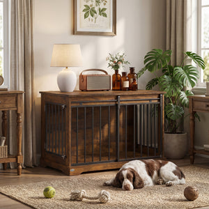 Sliding Door Dog Crate Furniture, 100 cm, Black and Wood Effect