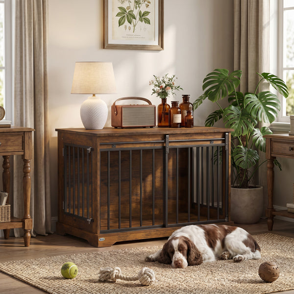 Sliding Door Dog Crate Furniture, 100 cm, Black and Wood Effect