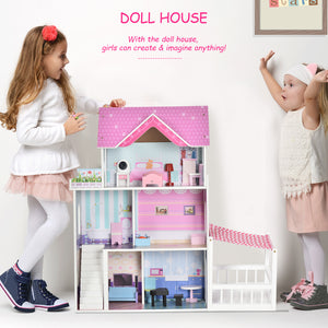 2.9ft Kids Wooden Dollhouse with Furniture, Pink