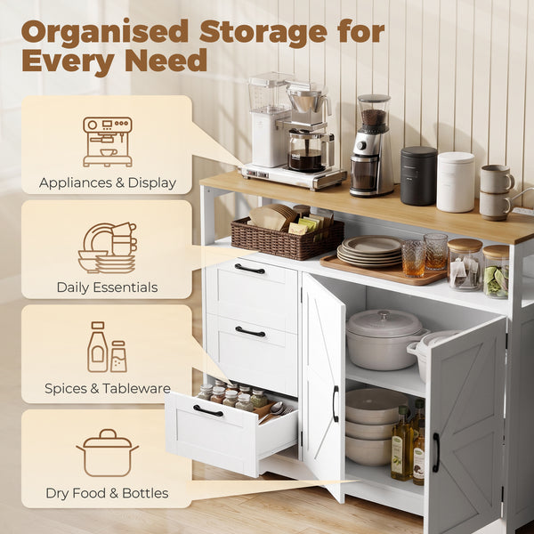 Rustic-style sideboard with charging station, 3 drawers and adjustable storage, white