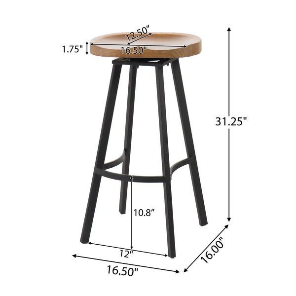 Set of 2 Industrial Style Swivel Bar Stools with Rust Finish Iron Frame, Pine Seat, No Assembly Required, Natural