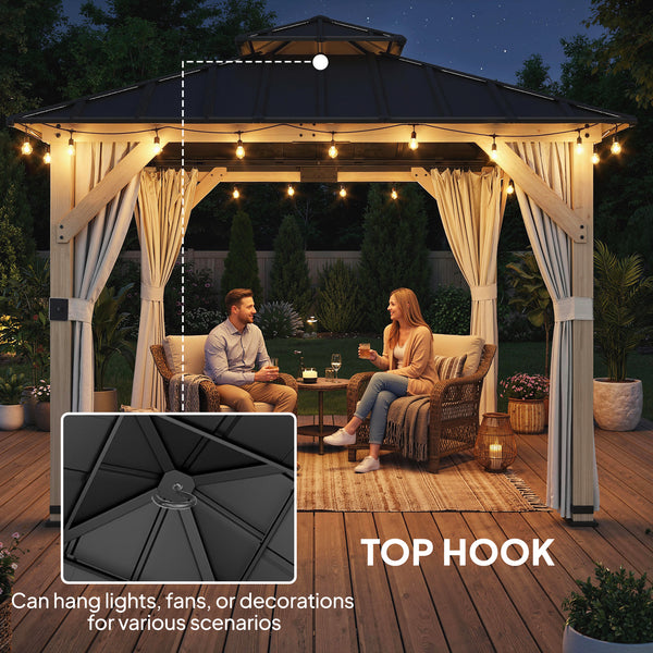 10' x 10' outdoor gazebo with double rigid steel roof, wood frame, curtains and hooks, light grey