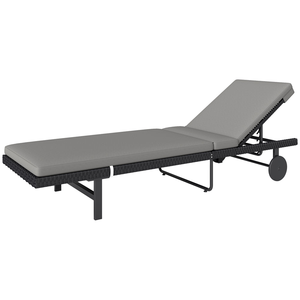 Synthetic rattan garden lounge chair with 5-way adjustable backrest, wheels and cushion, grey