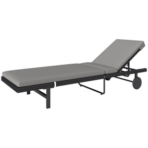 Synthetic rattan garden lounge chair with 5-way adjustable backrest, wheels and cushion, grey