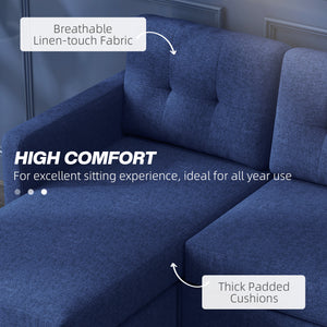 3-seater L-shaped corner sofa with ottoman, thick cushion and wooden legs, dark blue