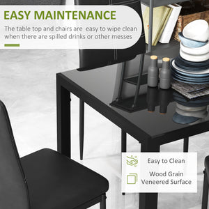 Rectangular Glass Top Kitchen Table and Chair Set with Metal Frame and Faux Leather Upholstery for Dining Room, Black