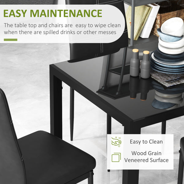 Rectangular Glass Top Kitchen Table and Chair Set with Metal Frame and Faux Leather Upholstery for Dining Room, Black