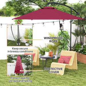 9.5-foot cantilever parasol with wind protection strap and cover, red