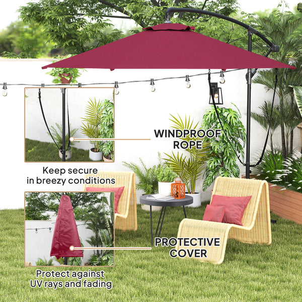 9.5-foot cantilever parasol with wind protection strap and cover, red