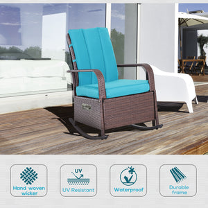 Synthetic rattan rocking chair with cushion, adjustable footrest and armrests, turquoise