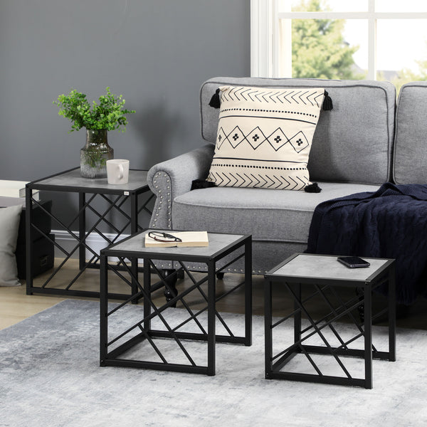 Set of 3 square nesting tables with metal frame, gray