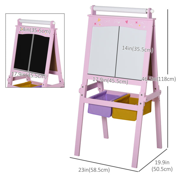3 in 1 Wooden Art Easel with Paper Roll, Chalkboard and Whiteboard, Pink