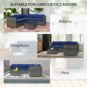 4 Piece Wicker Rattan Living Room Set with Corner Sofa, Loveseats and Coffee Table Cushions, Navy Blue