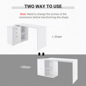 L-shaped corner desk with storage shelf, drawer, white