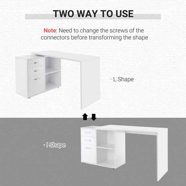 L-shaped corner desk with storage shelf, drawer, white