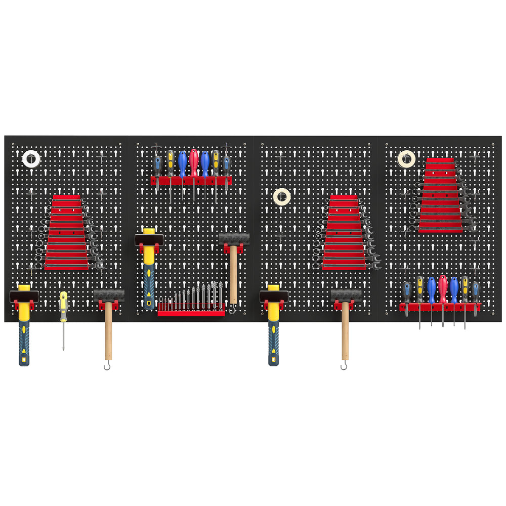 Steel wall tool organizer with 4 panels, 12 holders and 22 hooks – Black and red