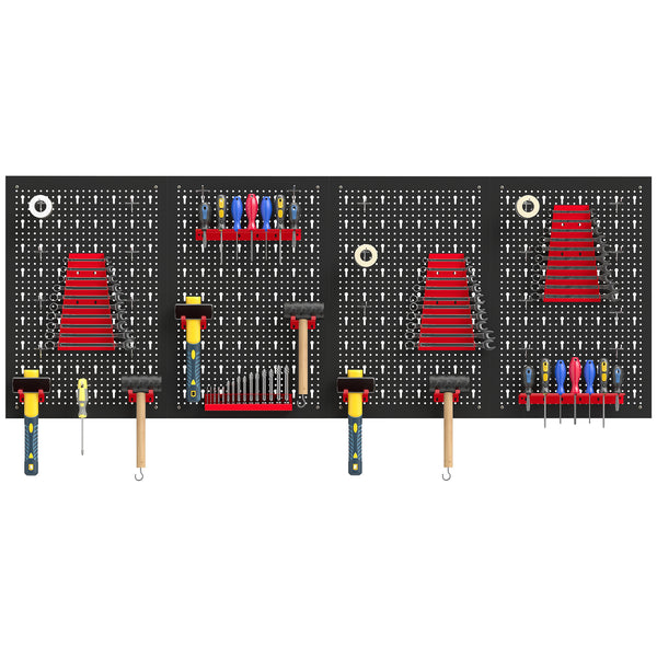 Steel wall tool organizer with 4 panels, 12 holders and 22 hooks – Black and red