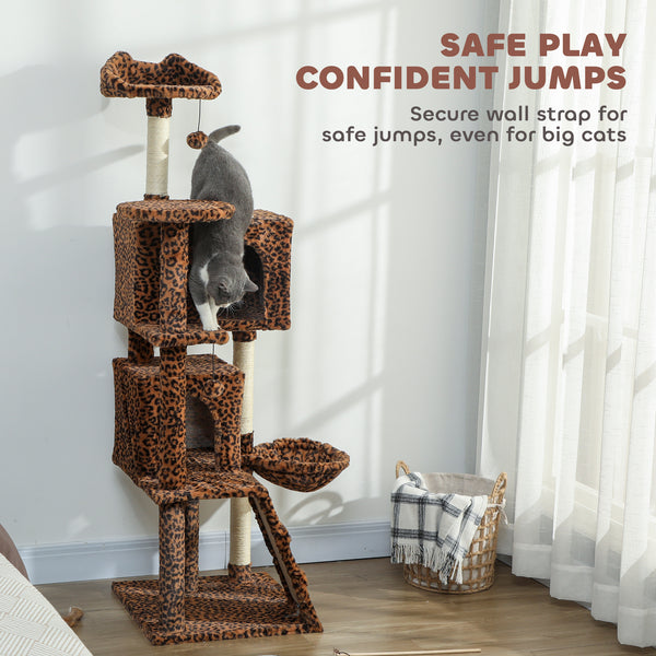 160cm Cat Tree with Sisal Scratching Posts, Cabins, Soft Perches, Hammock, Leopard Print