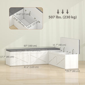 Modular entryway bench with 5 hidden storage compartments and padded cushions – White wood effect