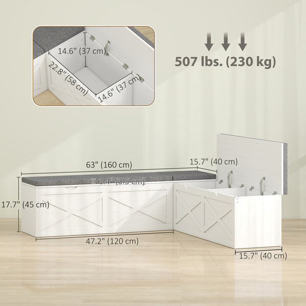 Modular entryway bench with 5 hidden storage compartments and padded cushions – White wood effect