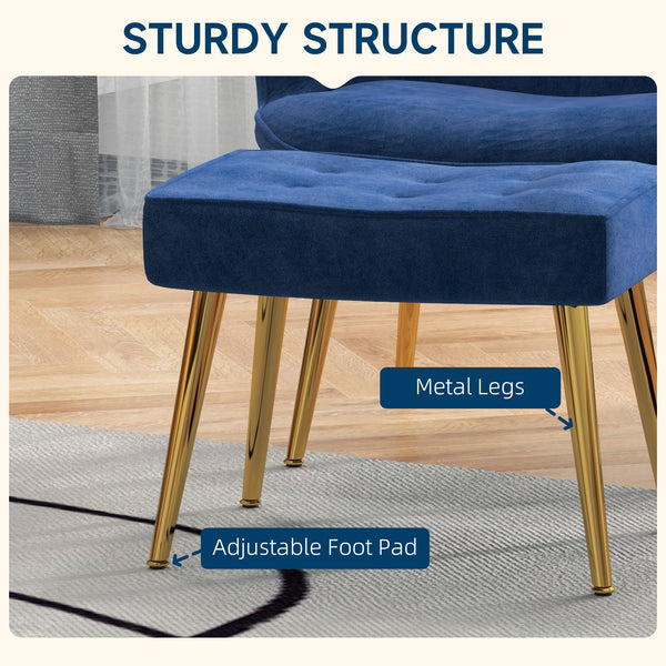 Armchair with footrest and gold metal legs, dark blue