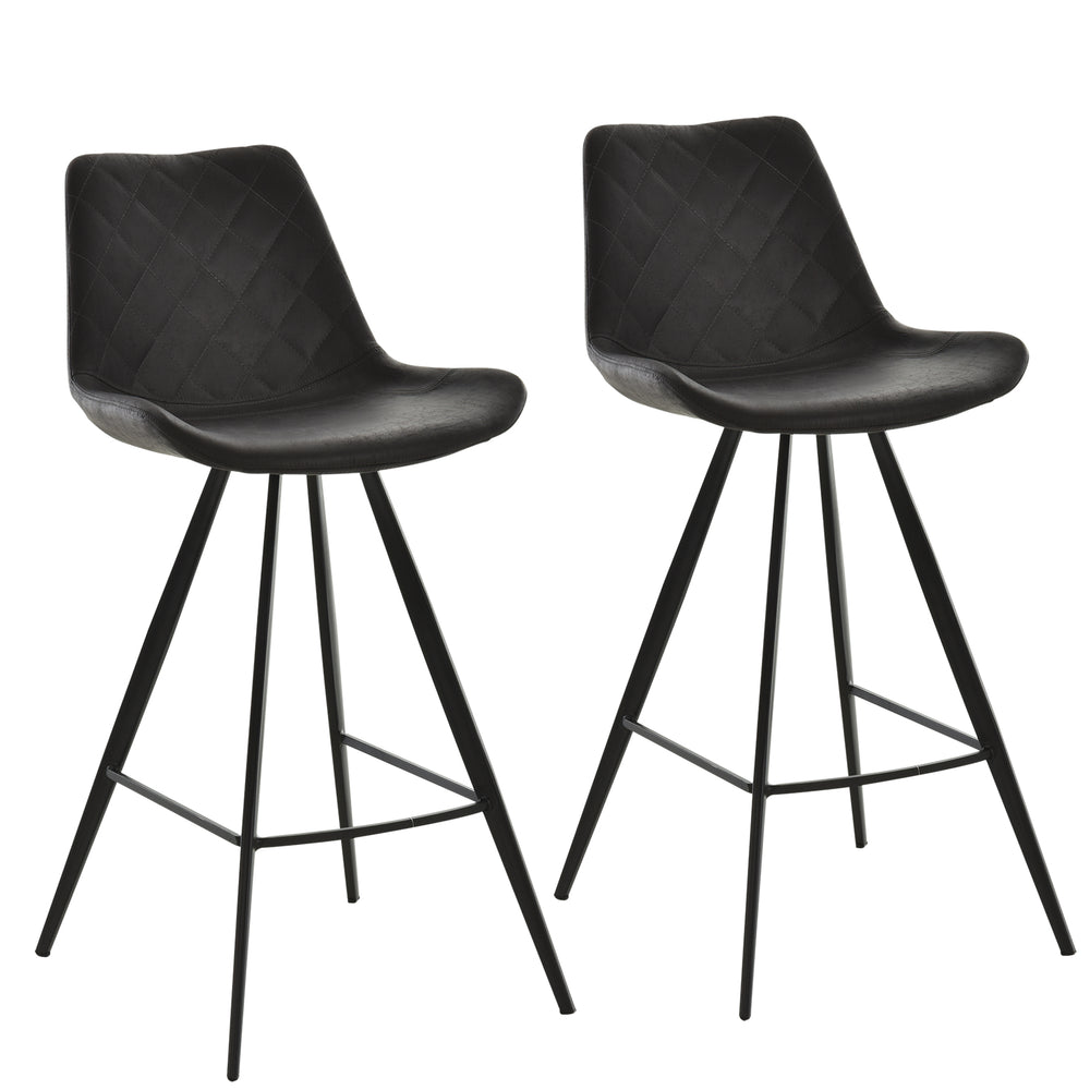 Set of 2 Microfiber Bar Stools with Metal Legs and Padded Cushion, Black