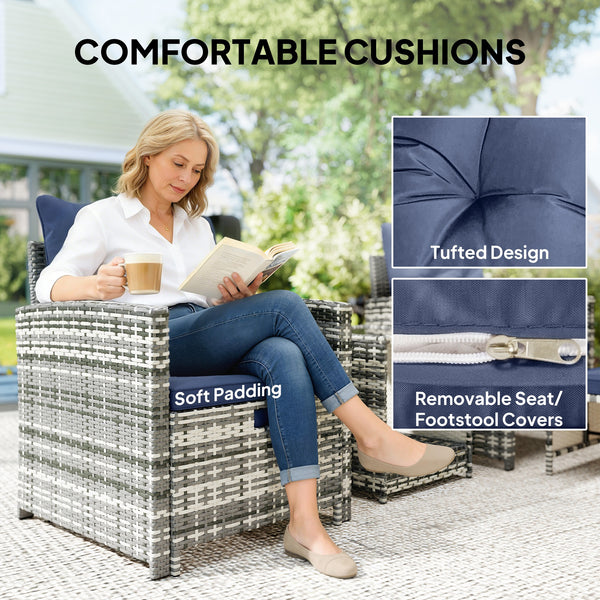5 Piece Patio Furniture Set, Wicker Patio Chairs with Ottomans, 2-Tier Glass Coffee Table and Cushions, Grey/Dark Blue