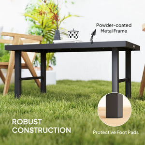 Outdoor side table with wood-look top, metal frame for garden, brown