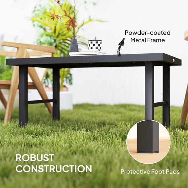 Outdoor side table with wood-look top, metal frame for garden, brown