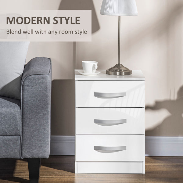 Set of 2 modern bedside tables with 3 drawers, high gloss, white