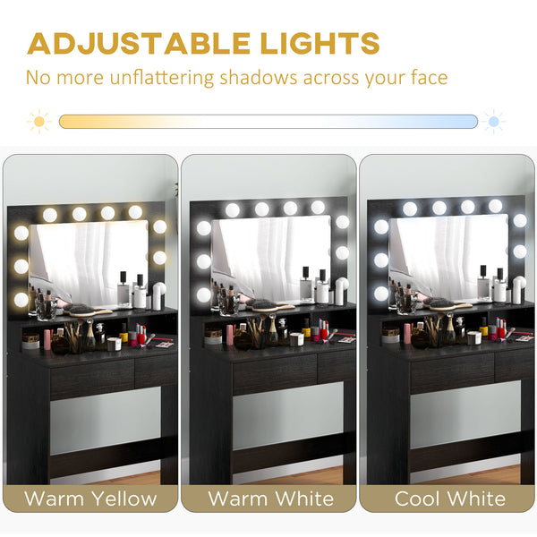 Dressing table with LED lighting mirror and drawers, black