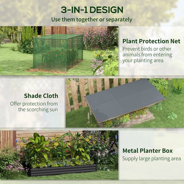 Raised galvanized steel planter with growing cage and shade cloth