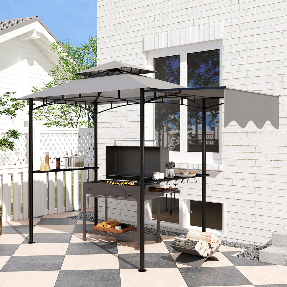 Two-tier barbecue shelter with side awning, light grey 