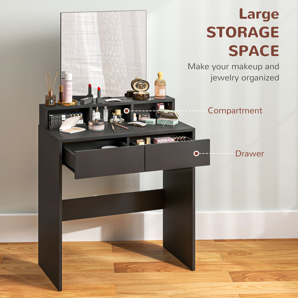 Dressing table with mirror, drawers and compartments, black