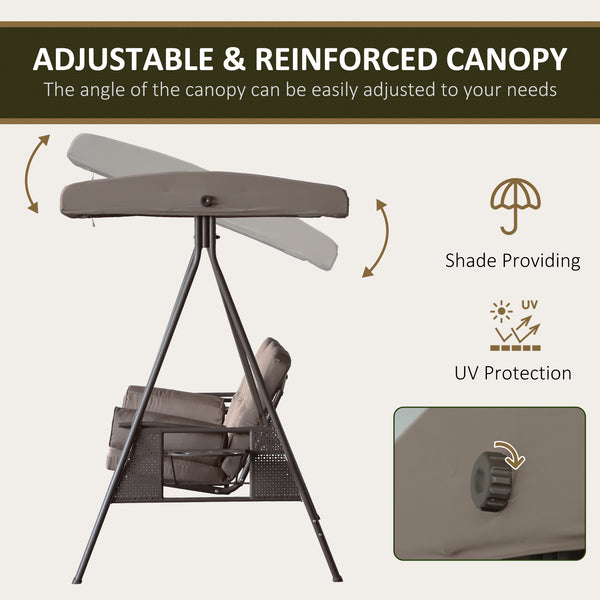 3 Seater Porch Swing Heavy Duty Outdoor Swing Chair Outdoor Lounge Hammock Cushioned Seat W/ Tilt Canopy, Brown