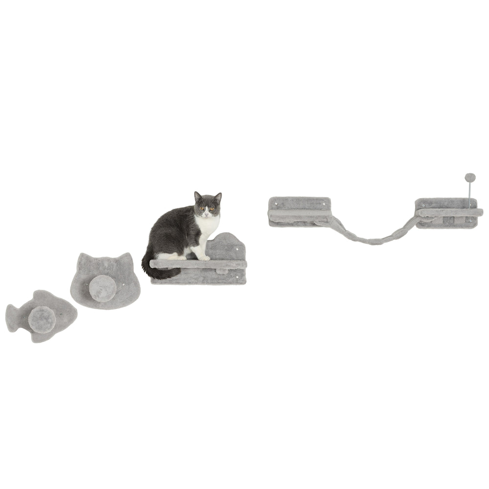 Wall-mounted cat shelves with steps, scratching posts, ladder, platforms and balls