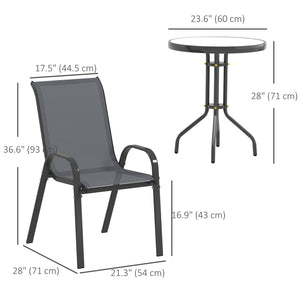 3 Pieces Bistro Set, Small Patio Furniture Set with Stackable Mesh Chairs, Glass Table for Garden, Balcony, Dark Grey