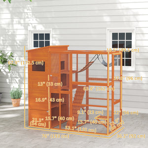 Cat enclosure with condo, jumping platforms, ladder, ramps and hammock, orange