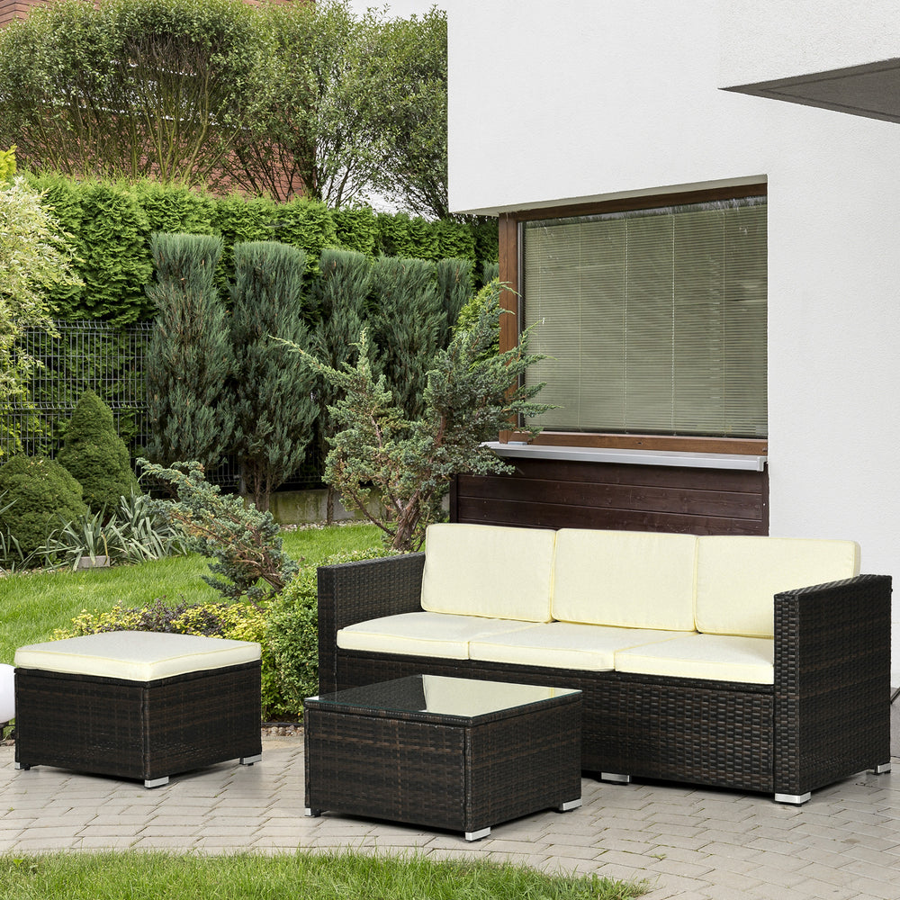 3-piece garden furniture set with cushions, glass coffee table and adjustable legs, cream white