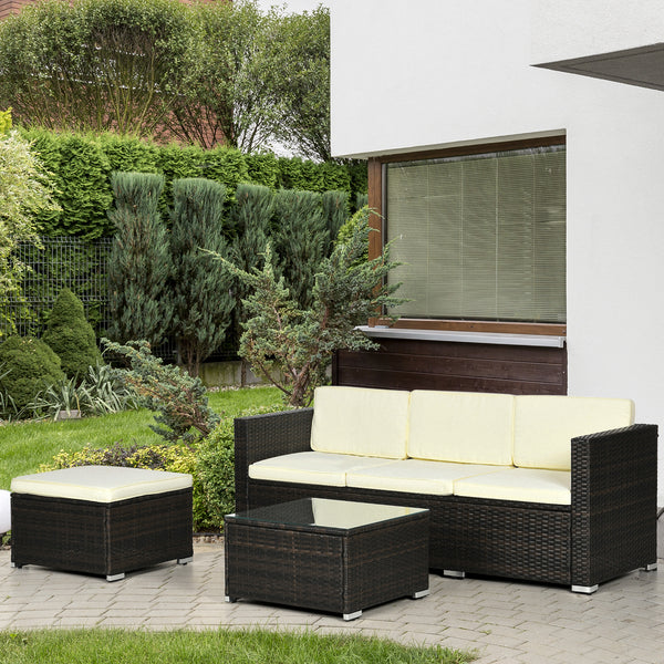 3-piece garden furniture set with cushions, glass coffee table and adjustable legs, cream white