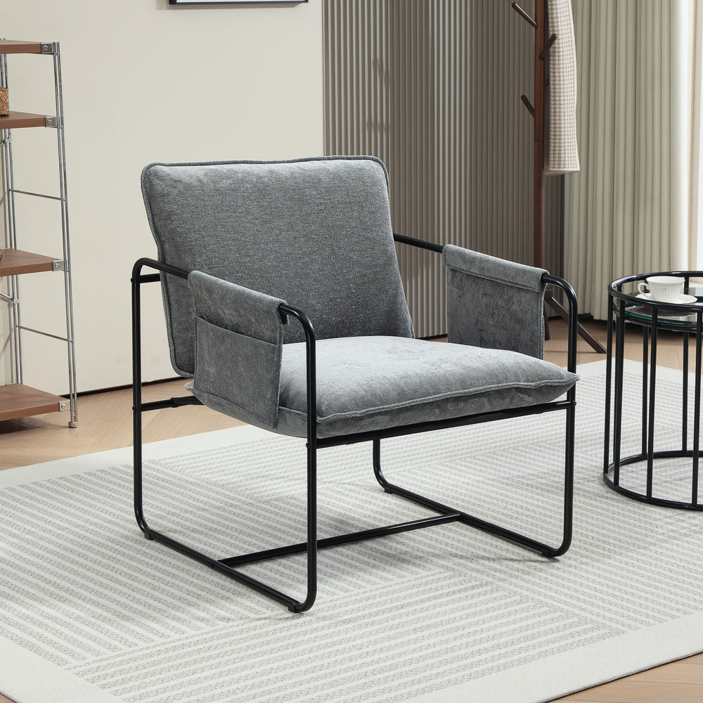 Armchair with side pockets and steel frame, gray
