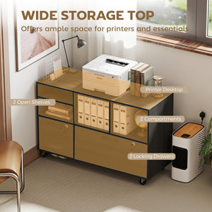 Mobile filing cabinet with charging station, locking drawers, and file storage, dark gray