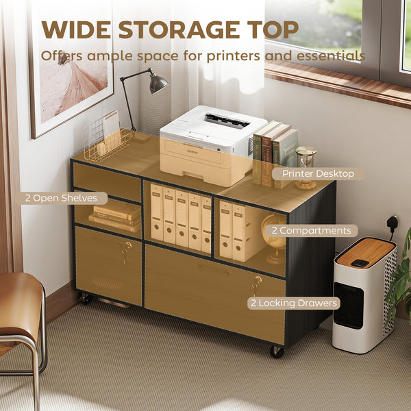 Mobile filing cabinet with charging station, locking drawers, and file storage, dark gray