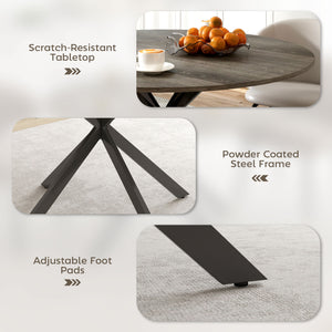 Round kitchen table for 4 people with steel legs, gray and black wood grain