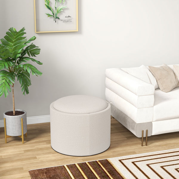 Round coffee table with hidden storage and linen upholstered top