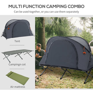 Folding camp bed with self-inflating air mattress and carrying bag