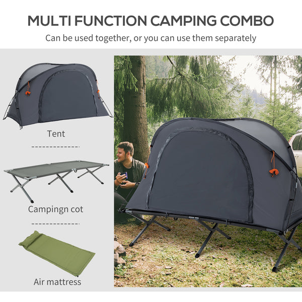 Folding camp bed with self-inflating air mattress and carrying bag