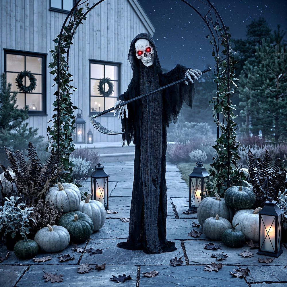 6 ft. Animated Halloween Reaper with Scythe, Red LED Eyes, Sounds and Motion – Black