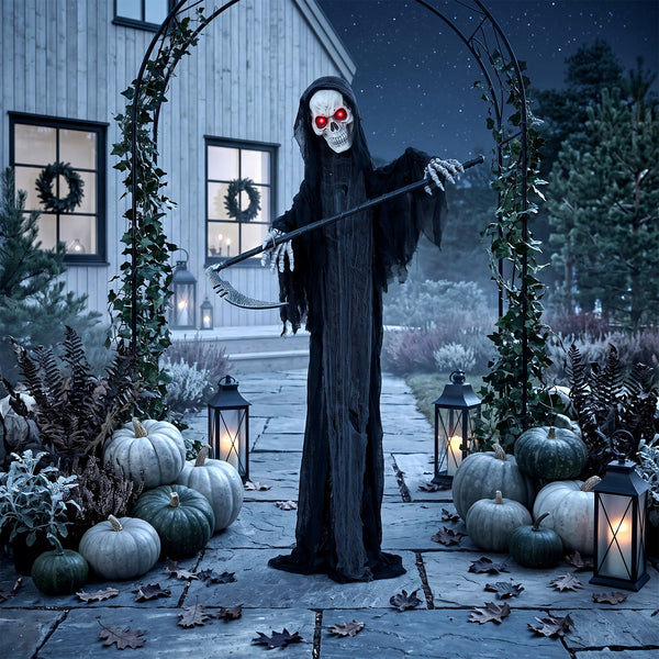 6 ft. Animated Halloween Reaper with Scythe, Red LED Eyes, Sounds and Motion – Black