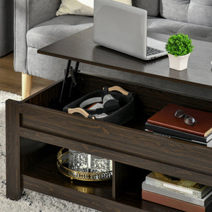 Lift-top coffee table with hidden storage and open shelves, dark walnut